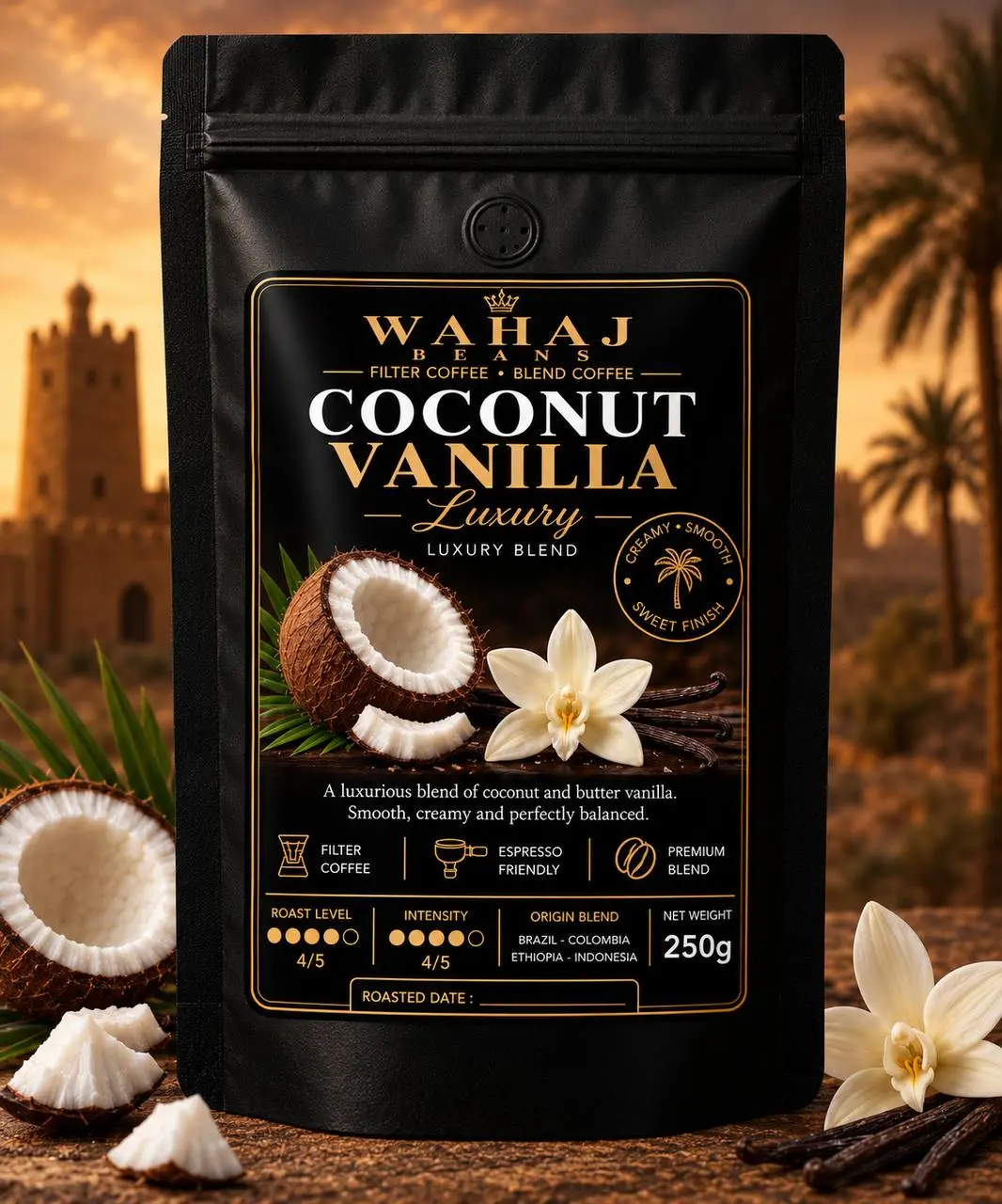 Al Wahaj Beans Coconut Vanilla 250g flavored coffee bag