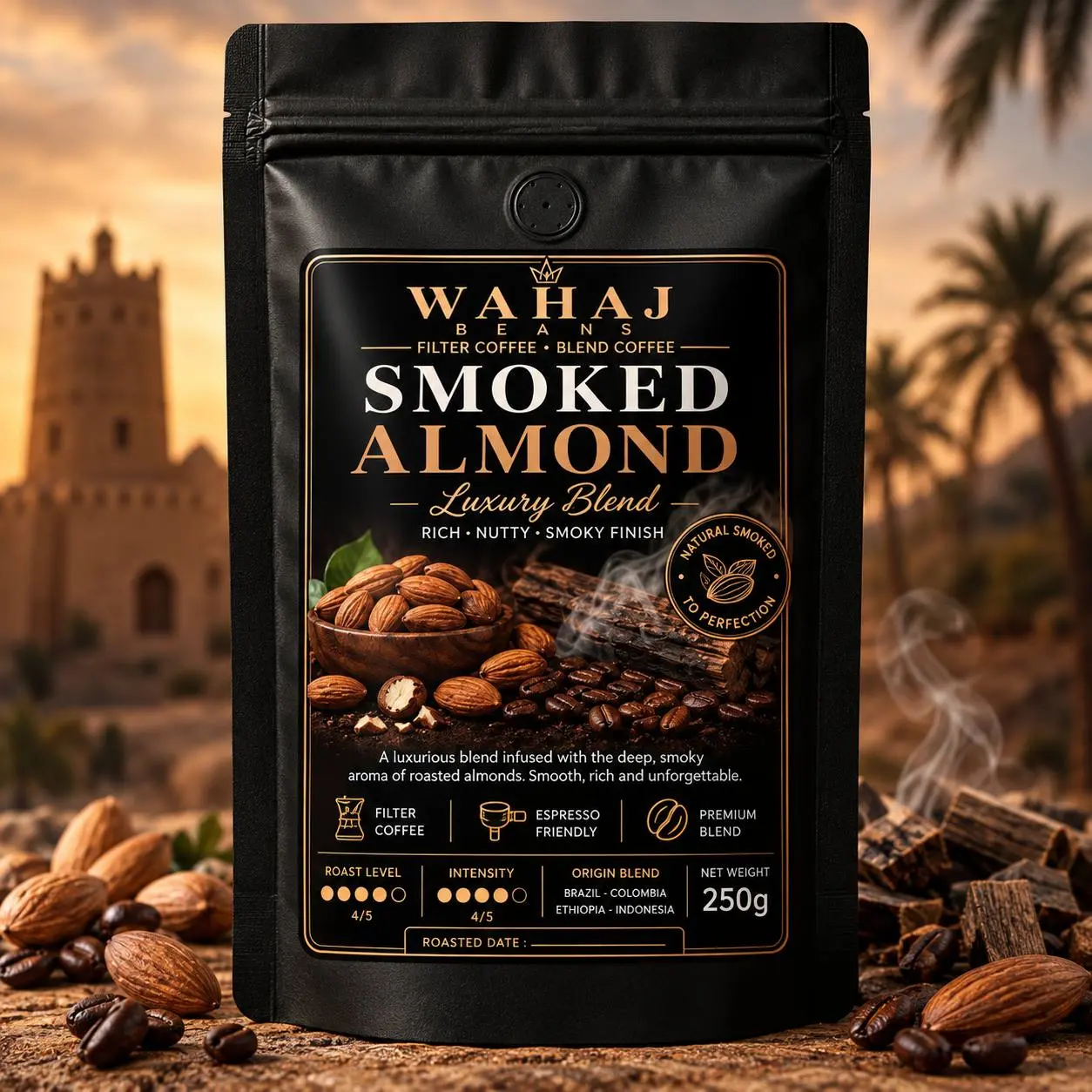 Al Wahaj Beans Smoked Almond 250g flavored coffee bag